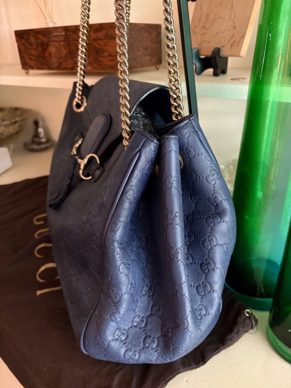 GUCCI Guccissima GG Monogram Leather Emily Navy Blue Hobo Chain Link Flap Bag - Picture 4 of 16
